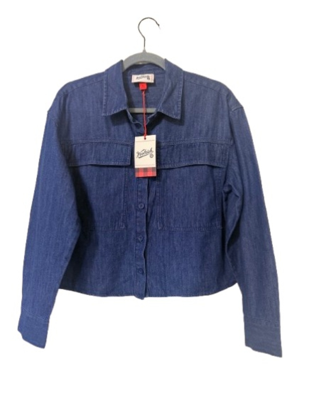NWT Woolrich Cropped Denim Utility Shirt Jacket Dark Wash 100% Cotton Size Small - Picture 2 of 7